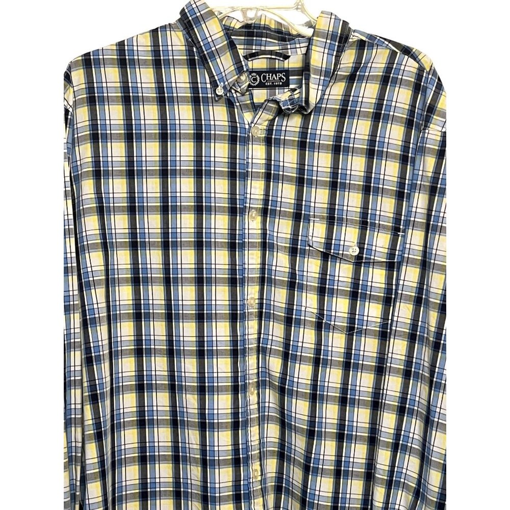 Chaps Men Yellow & Blue Plaid Button-Down Shirt XL 100% Cotton Long Sleeve - Picture 5 of 16
